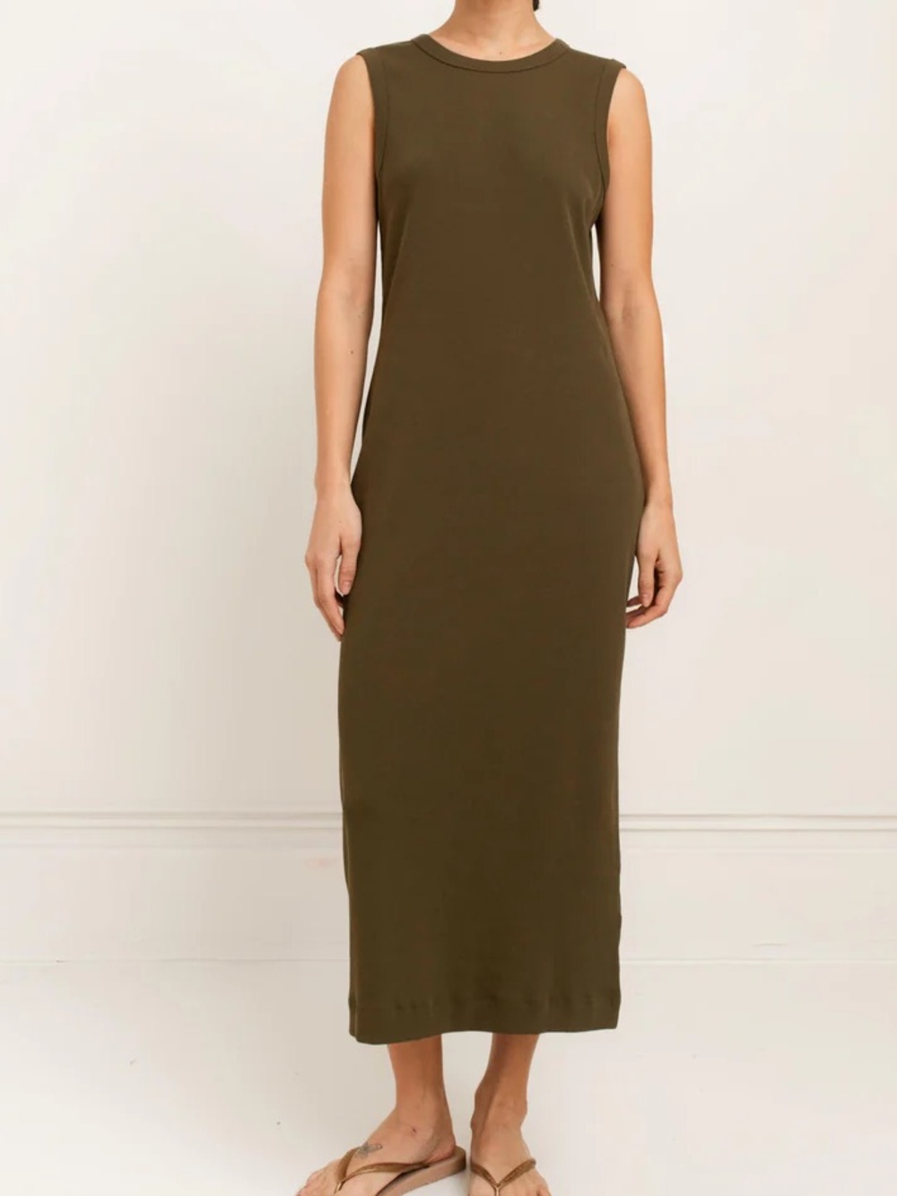 Paper Label Sleeveless Olive Midi Tank Dress